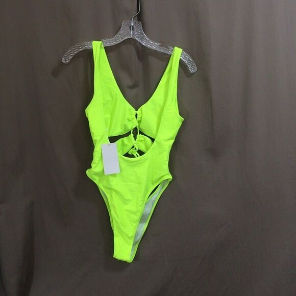 NEW Chyrll Neon Green Swimsuit 1 Piece Cut Out Front, Tie Front Size Large - Picture 4 of 5